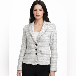 Karl‎ Lagerfeld Blazer Women's Size 4 Tweed Fringe Business Office Green White